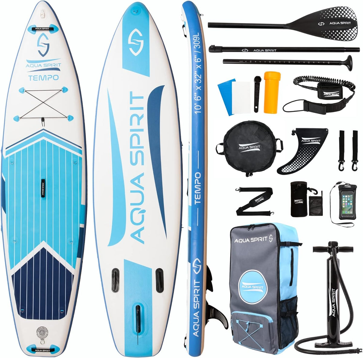 Aqua Spirit Tempo SUP Board 320 x 81 x 15 cm - Aufblasbares Stand Up Paddle Komplettset - Mit Rucksack Leash Paddel und Wickelauflage - Für Anfänger und Experten Blau