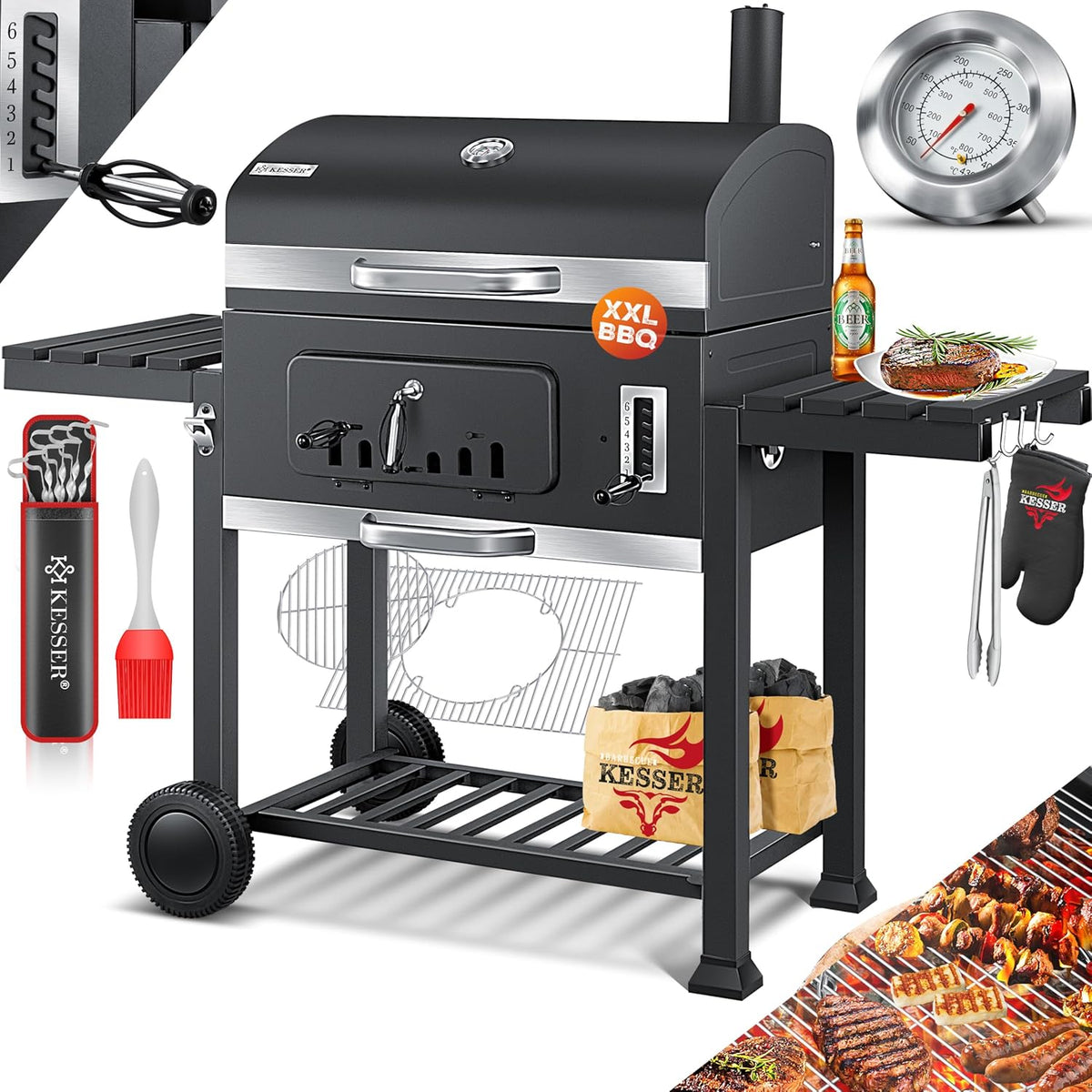 KESSER XXL Holzkohlegrill Grillwagen - BBQ Smoker mit Deckel und Thermometer - Grillrost Warmhaltegestell und 8 Spieße - Grau 153 x 73 x 137 cm