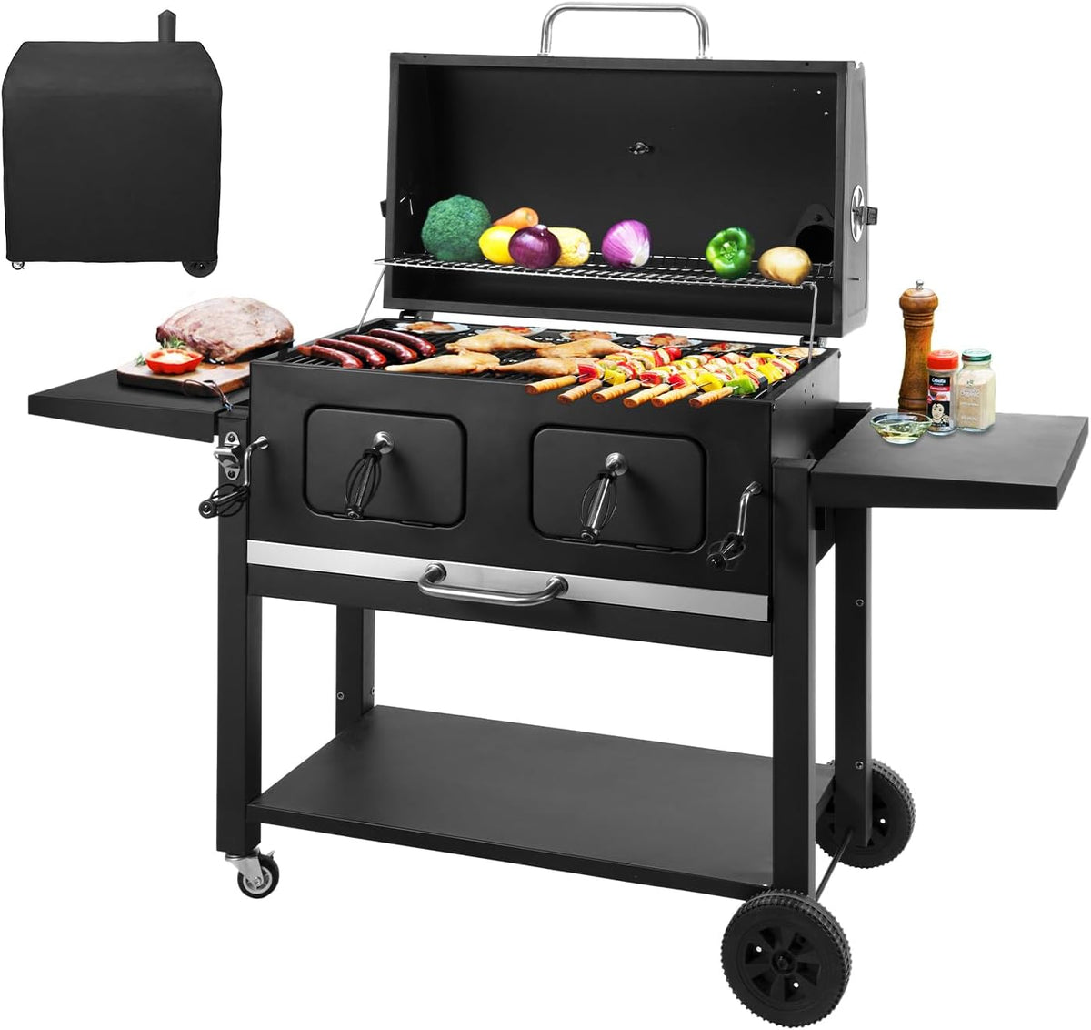 Grillwagen XXL mit Holzkohle - Standgrill mit Deckel und Rädern - Grillrost Thermometer und Edelstahl Griff - schwarzer Smoker Grillwagen für Garten und Terrasse