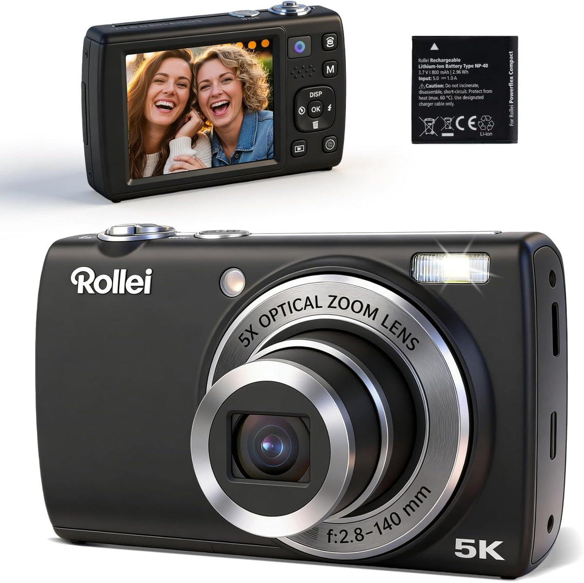 Rollei Powerflex Compact Digitalkamera - 64 MP CMOS Sensor mit 5 fach optischem Zoom - 5K Video Dual Lens Autofokus - 2,8 Zoll Touch Display Schwarz