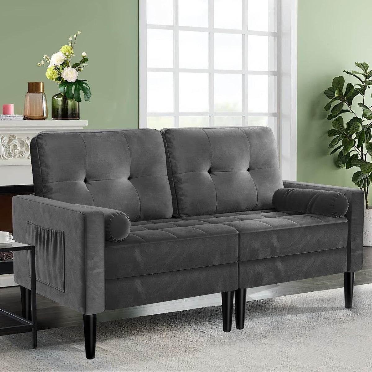 2 Sitzer Samtsofa - 149 x 70 x 86 cm mit 2 Kissen - Metallic Grau mit Massivholzrahmen - Modernes Kuschelsofa für Wohnzimmer Schlafzimmer
