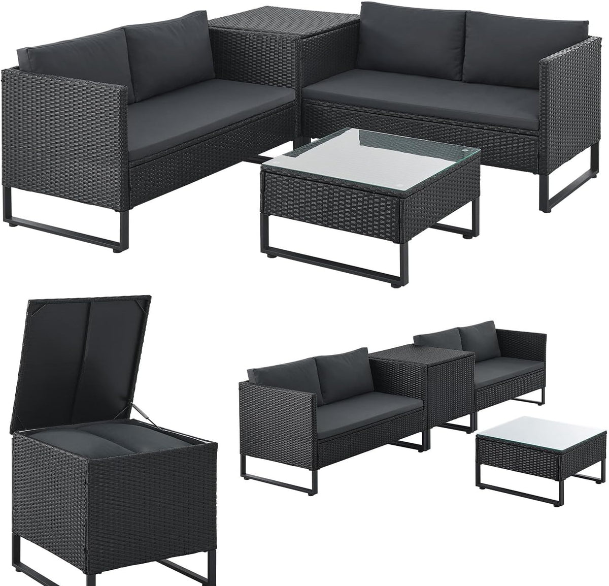 Juskys Santorini Polyrattan Gartenlounge für 4 Personen - Lounge Set mit Beistelltisch und Auflagenbox - Outdoor Sitzgruppe - Schwarz