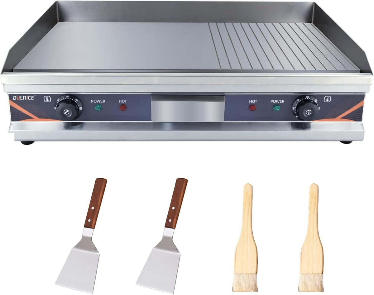 Elektrische Gastro Grillplatte 4400 W 73 x 47 cm - Zwei Temperaturzonen 50 bis 300 Grad - Zwei Drittel glatt ein Drittel geriffelt - Edelstahl und Gusseisen für Küche und Gastronomie