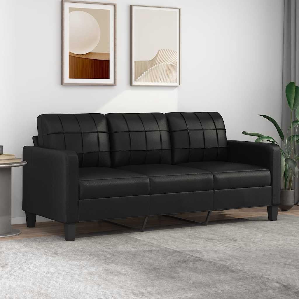 3 Sitzer Sofa 180 cm - Polstersofa mit Metallgestell und Kunstleder - 50 cm Sitztiefe gepolsterte Armlehnen - Schwarz