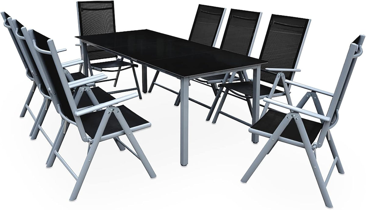 Casaria Gartenmöbel Set Bern - Sitzgruppe mit 8 klappbaren Stühlen und Tisch 190 x 90 cm - Aluminium Sicherheitsglas - Wetterfest Schwarz Silber