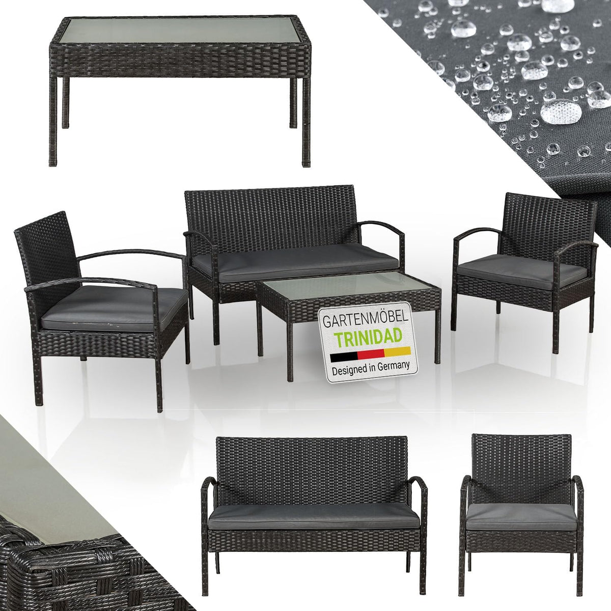 Juskys Trinidad Polyrattan Gartenmöbel Set 4 teilig - Sofa 2 Stühle und Tisch für 4 Personen - Balkon Sitzgruppe mit grauen Kissen - Schwarz