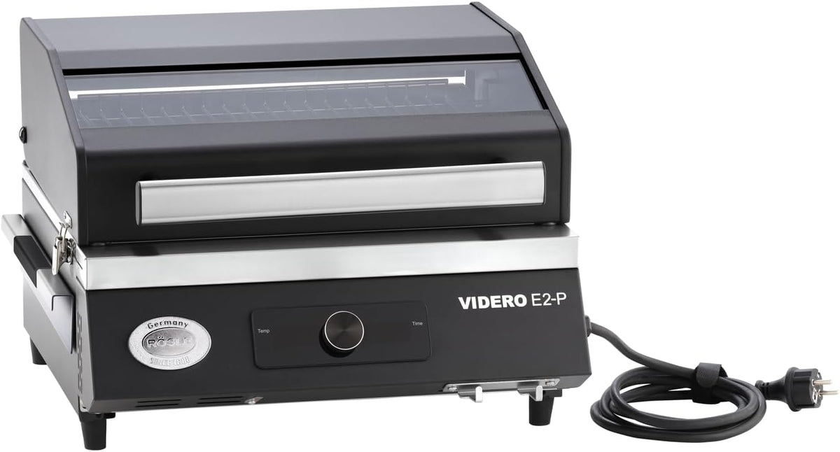 RÖSLE Videro E2 P Portable Elektrogrill - Tragbarer Tischgrill mit 2 Brennern - Deckel mit Glaseinsatz Schwarz Silber