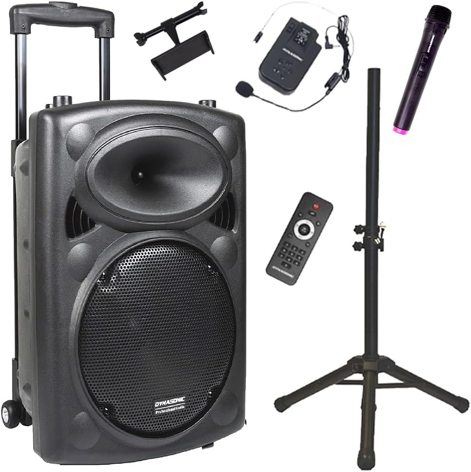 DYNASONIC DYNAPRO 12 Plus Bluetooth Lautsprecher - 700W tragbares PA System 3 Generation - 2 Karaoke Mikrofone - Tablet und Stativ Unterstützung Schwarz