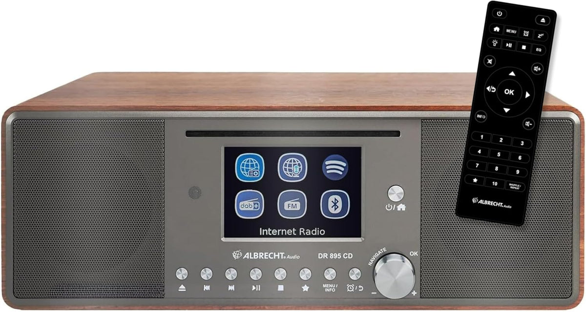 Albrecht DR 895 CD Kompaktanlage - DAB UKW Internet Radio CD USB und Bluetooth - Farbdisplay App Steuerung - Walnuss