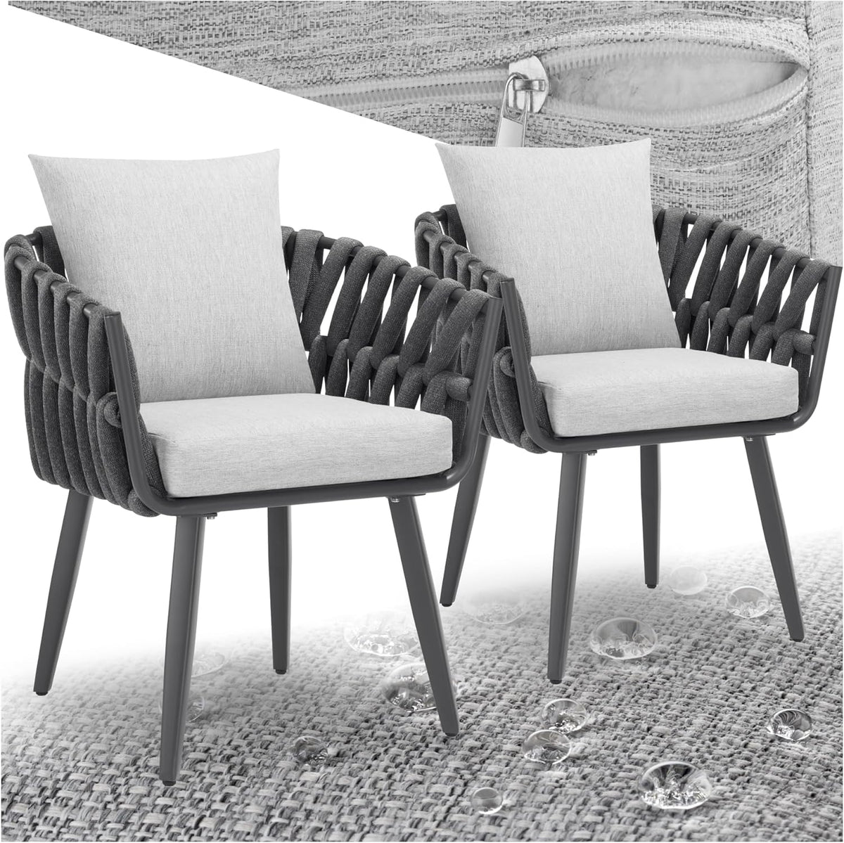 tectake Gartenstuhl Set 2 teilig - Aluminium Outdoor Sessel mit Rücken Kissen und Sitzpolster - Rope Design für Balkon und Terrasse - Anthrazit Dunkelgrau