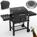 Holzkohlegrill mit Gusseisen Grillrost - XXL BBQ Grillwagen mit Deckel und Abdeckung - Höhenverstellbarer mobiler Grill mit Thermometer und klappbaren Ablagen