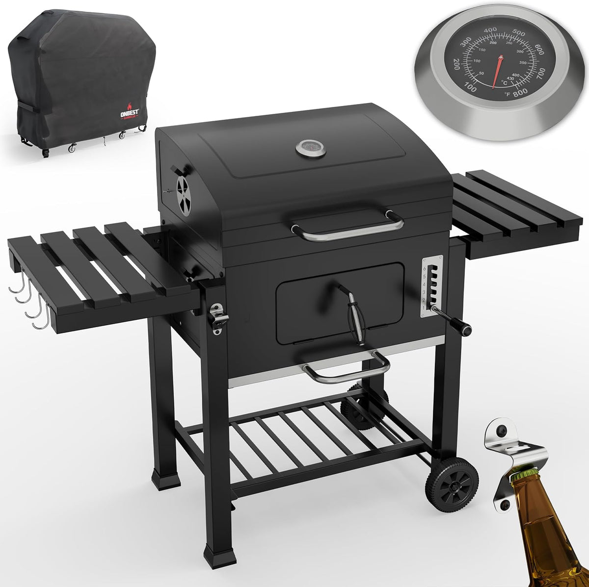 Holzkohlegrill mit Gusseisen Grillrost - XXL BBQ Grillwagen mit Deckel und Abdeckung - Höhenverstellbarer mobiler Grill mit Thermometer und klappbaren Ablagen