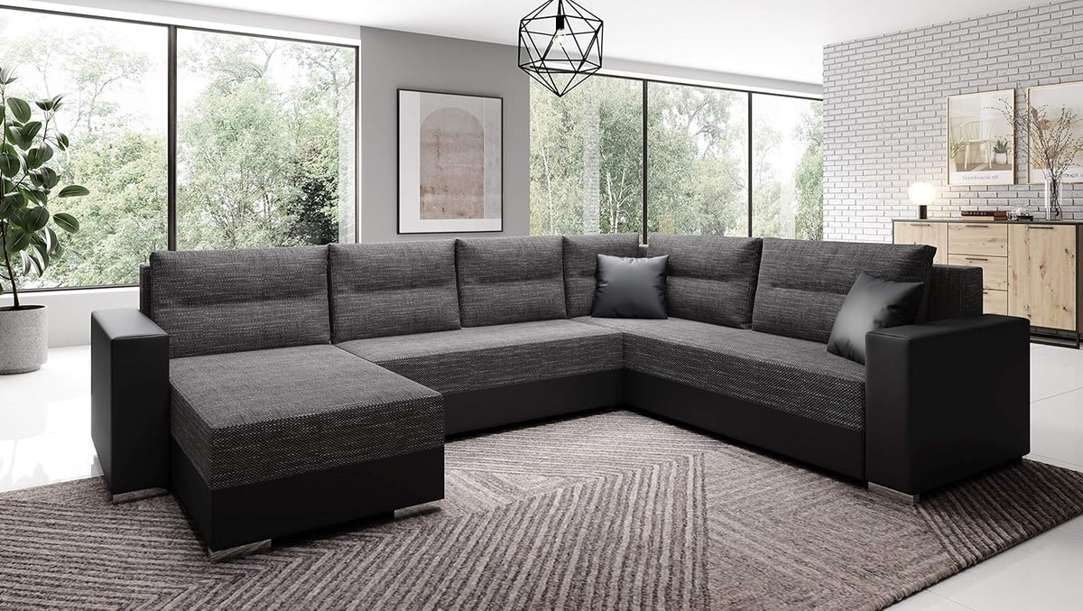 Captain U Wohnlandschaft 314 x 217 x 90 cm - 4 Sitzer Schlafcouch mit Bettkasten - Modernes Sofa mit Kissen und Webstoff - Schwarz