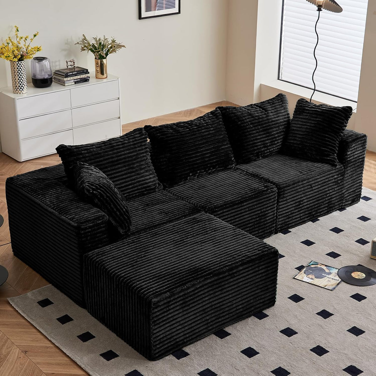 Vamcheer Ecksofa mit Schlaffunktion 3 Sitzer - Modulares Boneless L Form Sofa - Tiefe Sitzfläche 274 x 102 cm - Schwarz