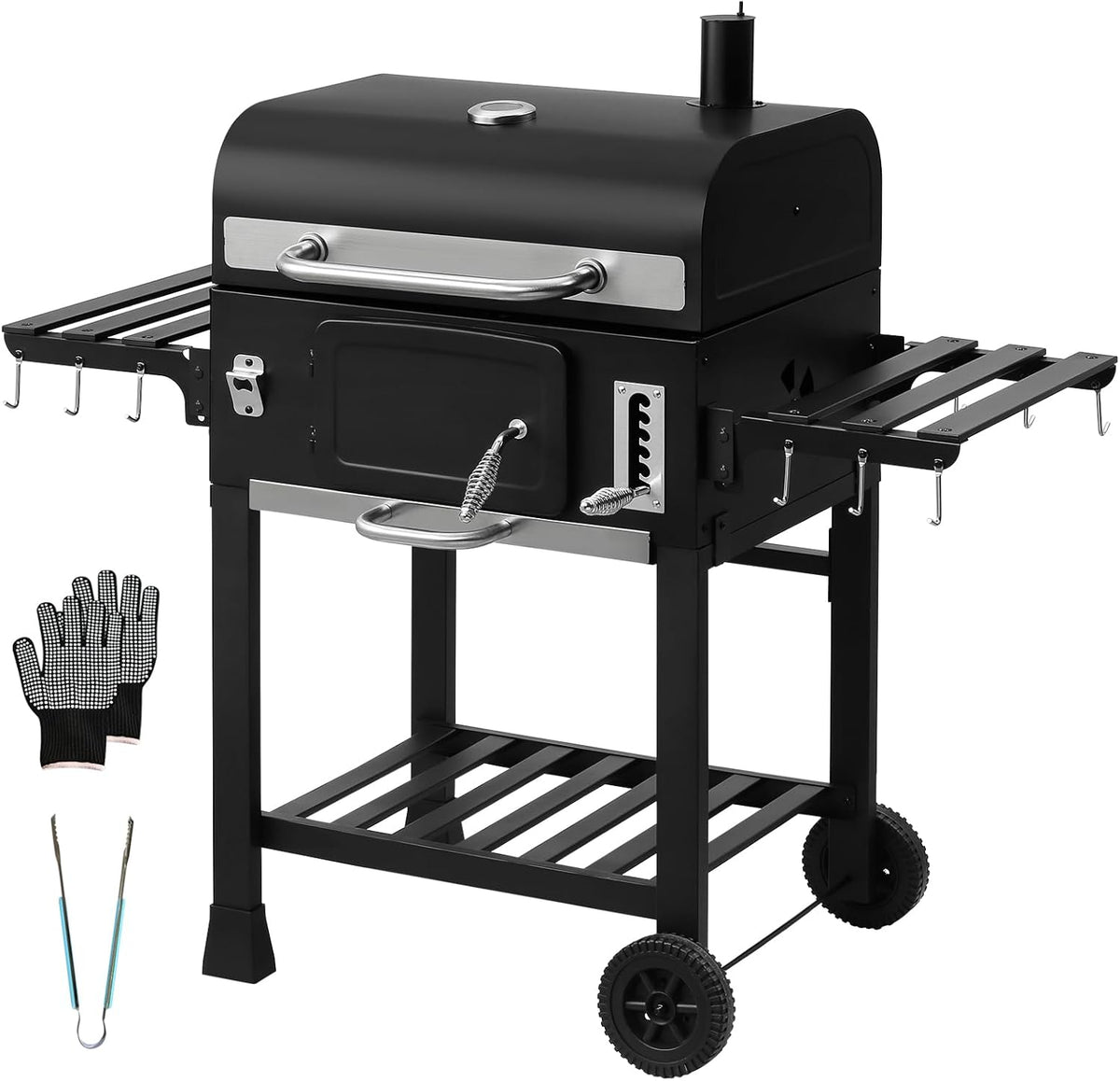TEENO Grillwagen Holzkohlegrill XXL - Grill mit Deckel und Thermometer - Edelstahl Zubehör mit Kamin und Flaschenöffner