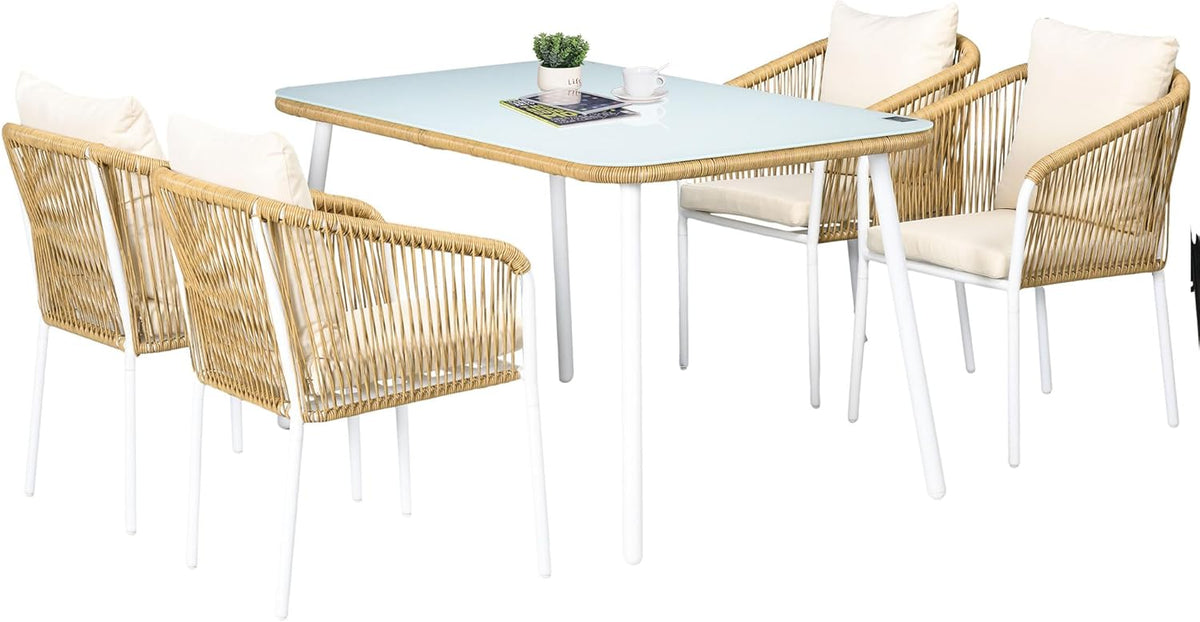 Outsunny Polyrattan Gartenmöbel Set 5 teilig - Esstisch mit Hartglas und 4 Stapelstühlen mit Kissen - Outdoor Sitzgruppe - Gelb