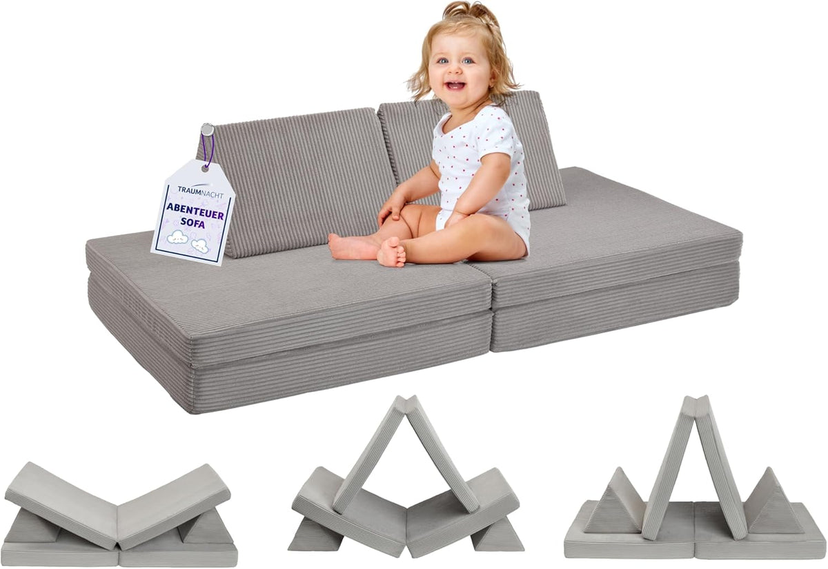 Traumnacht Abenteuer Sofa - 81,5 x 81,5 x 12 cm für 2 Kinder - Kord Bezug waschbar - Steingrau nach deutschem Qualitätsstandard