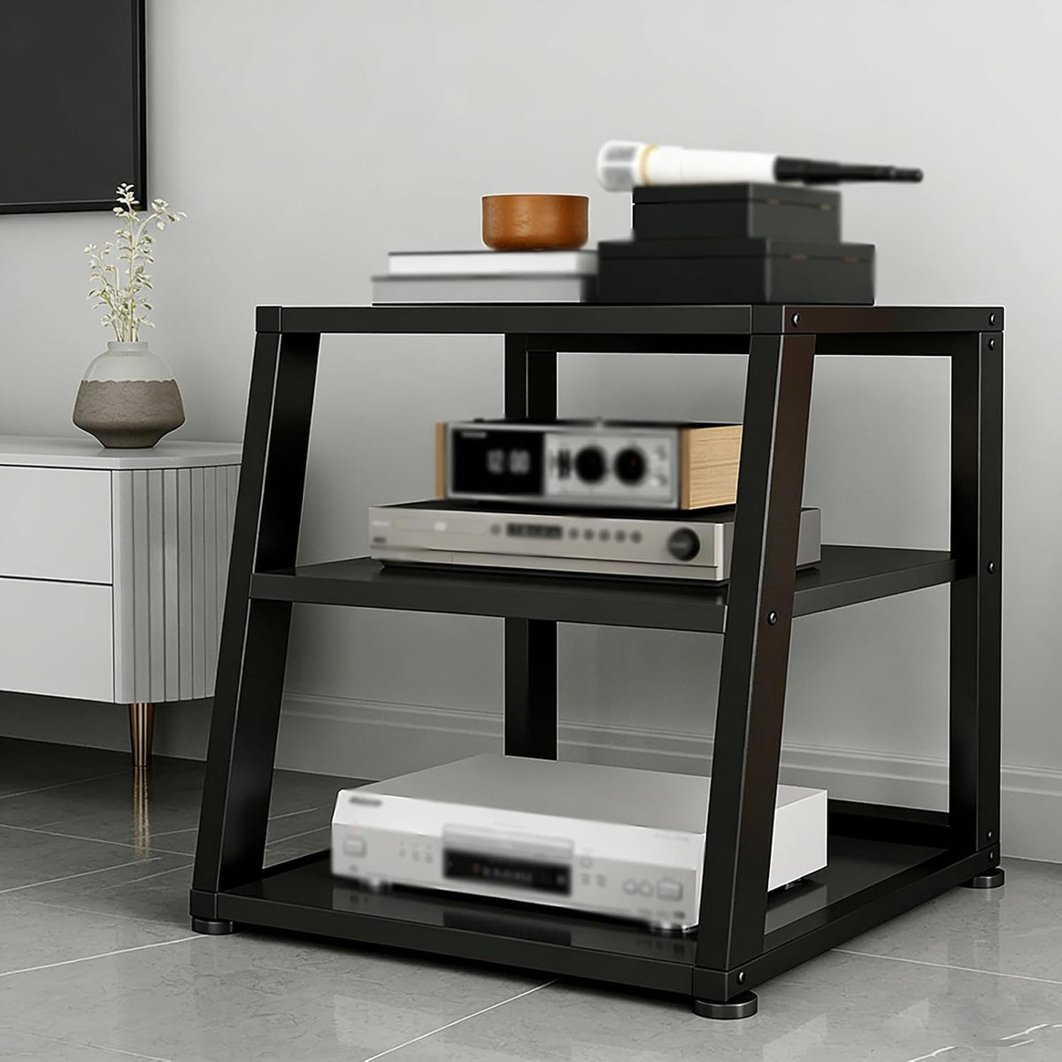 YLLFFLL HiFi Rack 3 Ebenen Schwarz - Modernes Audio Video Regal mit offenem Rahmen - Vertikaler Stereo Geräteständer - Für Gaming Raum und HiFi Bereich