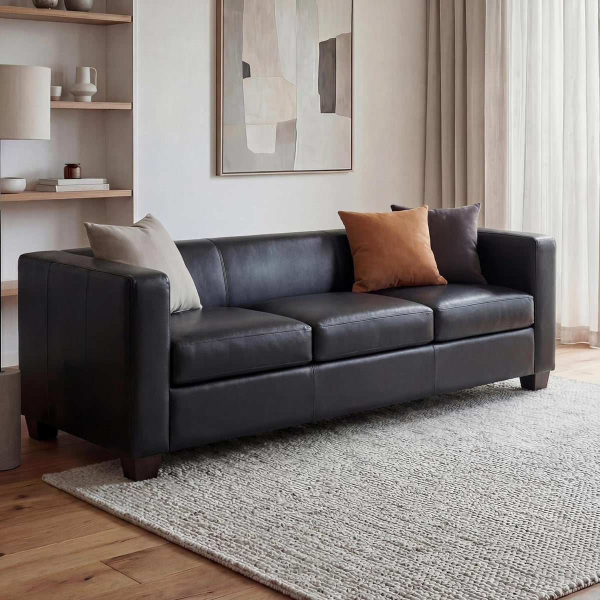Mendler Lille 3 Sitzer Sofa - 191 x 75 x 70 cm - Schwarzes Leder mit moderner Loungeform - Couch für Wohnzimmer und Empfangsbereich