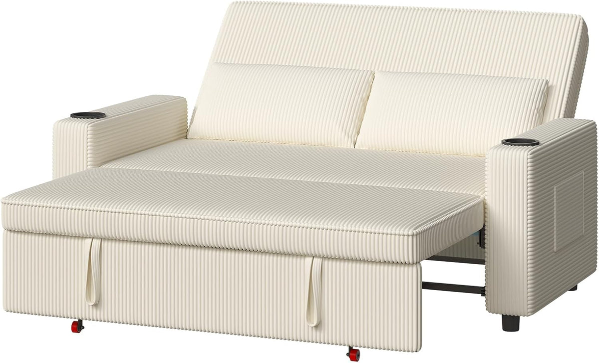 Devoko 2 Sitzer Schlafsofa - Ausziehbare Schlafcouch mit verstellbarer Rückenlehne - Beige Klappsofa mit Schlaffunktion - Für Wohnzimmer Schlafzimmer