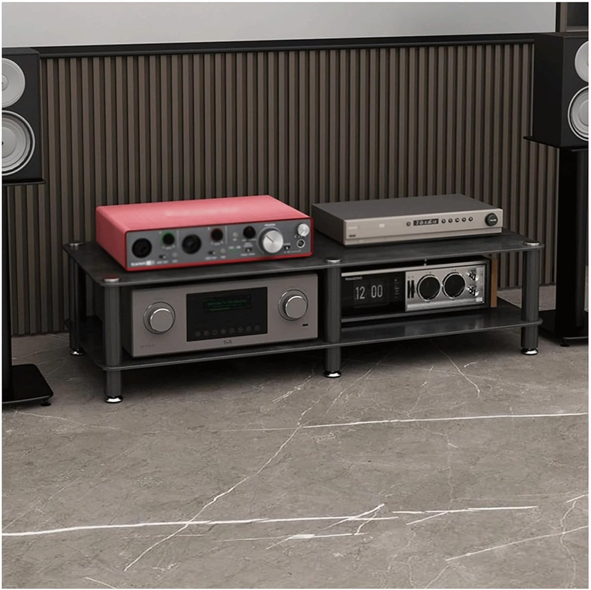 PZEOB Audio Rack 4 Ebenen - Stereo Ständer mit Steinplatte und Kohlenstoffstahlrahmen - Modernes Audio Video Regal - Mehrfarbig