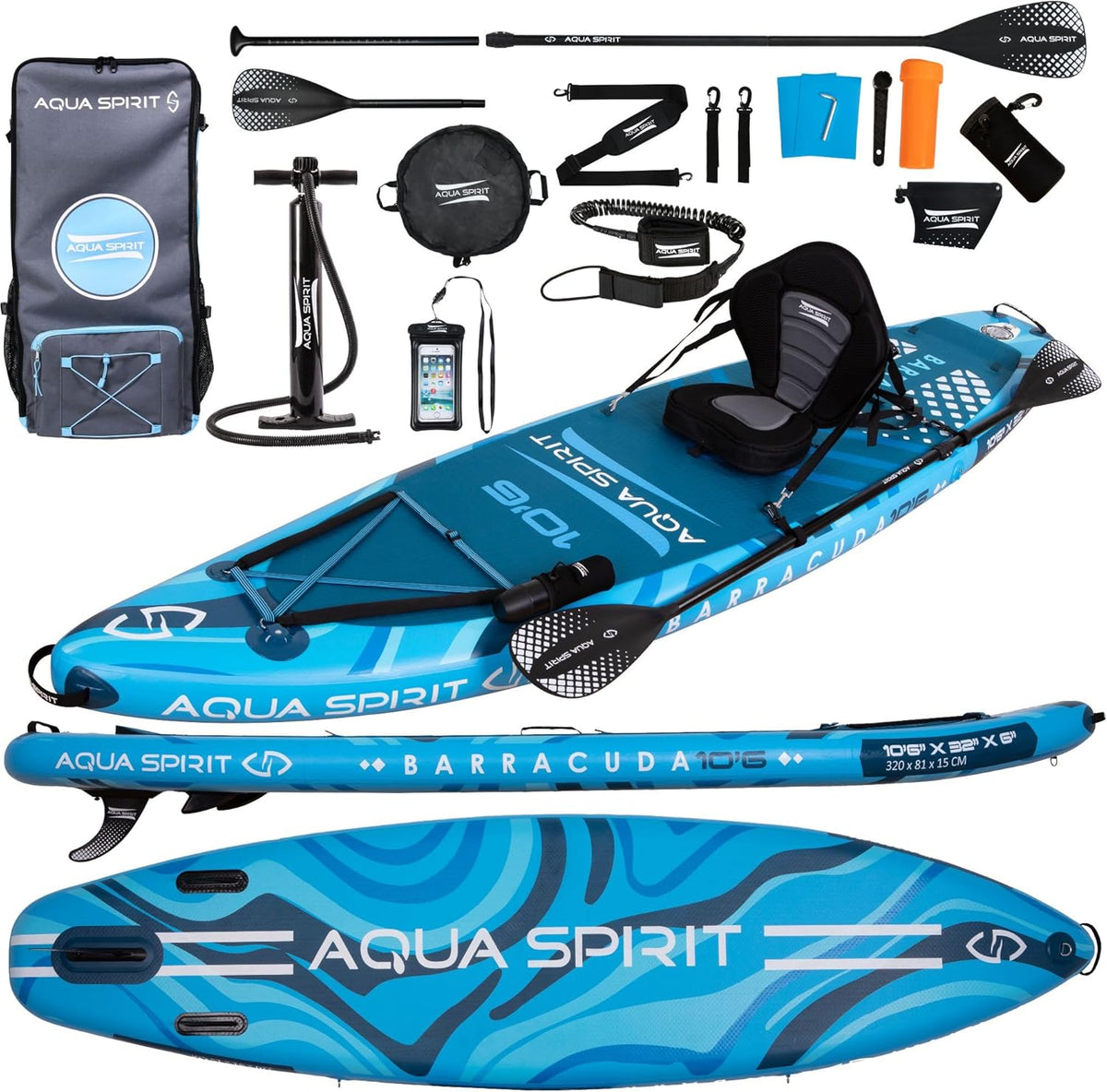 Aqua Spirit SUP Board 320 x 81 x 15 cm - Aufblasbares Stand Up Paddle aus PVC - Kajak Umbausatz mit Paddel und Pumpe - Rucksack Zubehör für Anfänger und Experten Blau