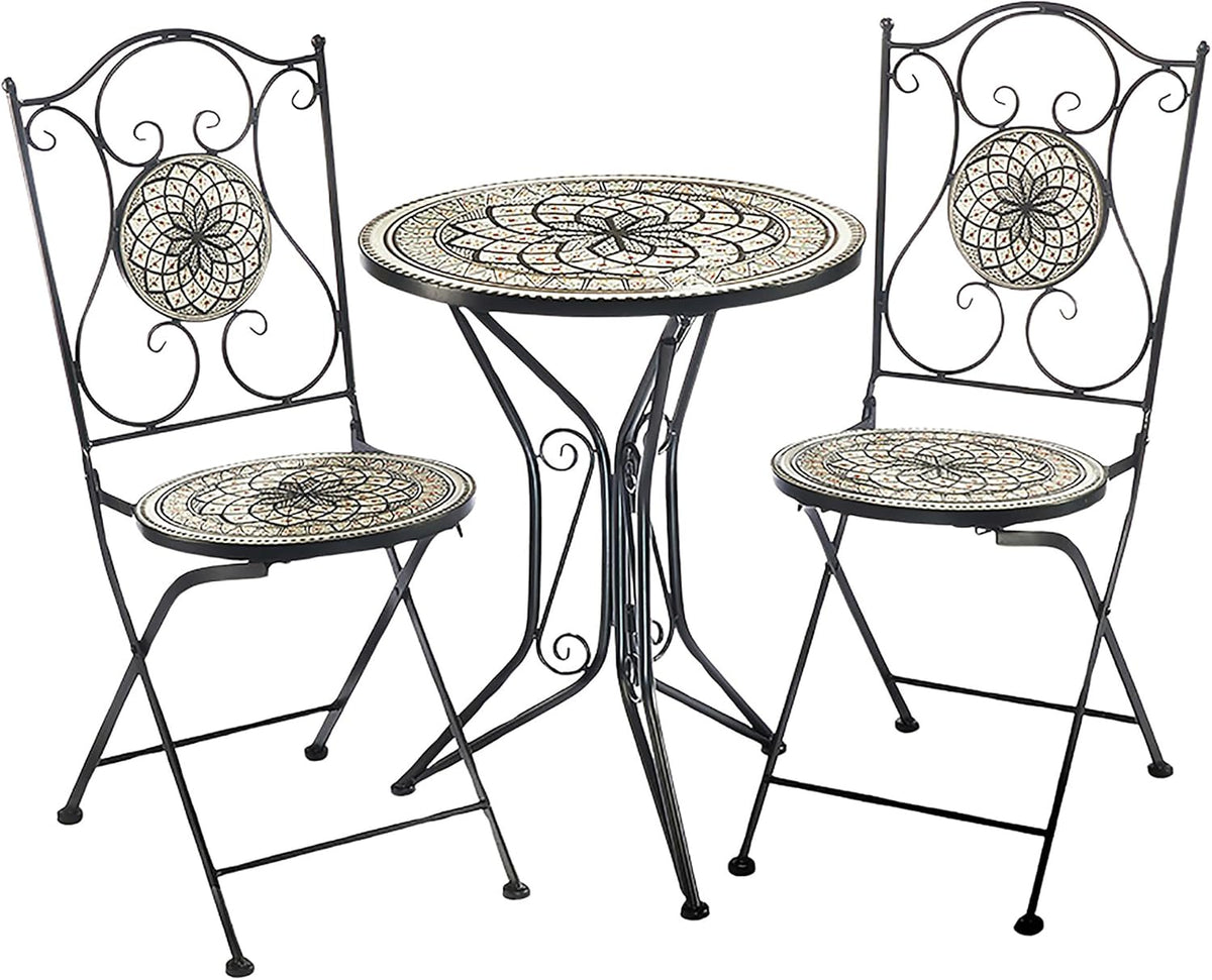Kobolo Gartenmöbel Sitzgruppe - Mosaik Set mit einem Tisch und 2 Stühlen - Metall Gartenmöbel - Klassisches Bistroset Schwarz