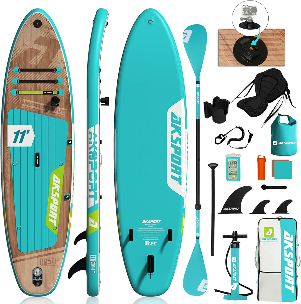 AKSPORT Aufblasbares SUP Board - Stand Up Paddle Board mit Zubehör - Breites stabiles Paddleboard mit rutschfestem Deck für Erwachsene und Jugendliche