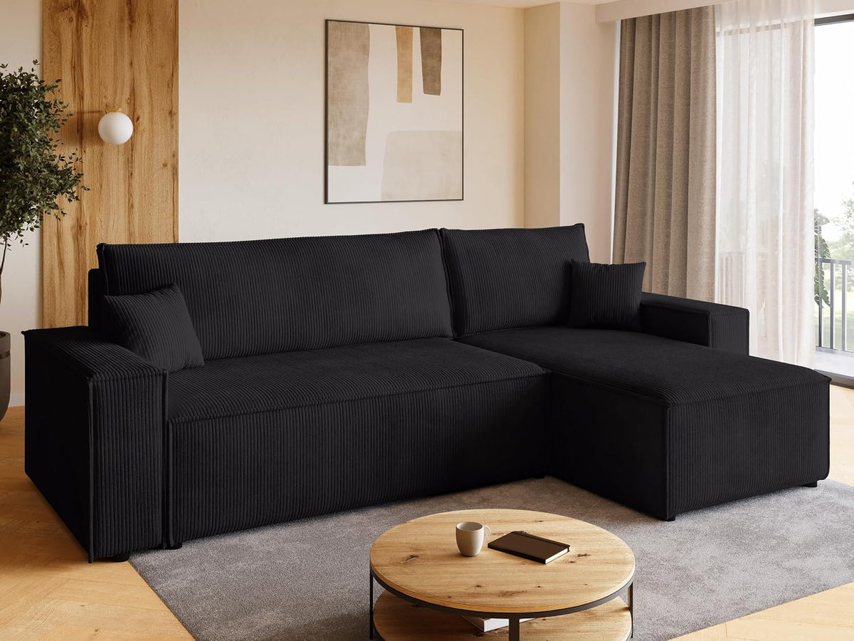 BROMARKT Adi Ecksofa mit Schlaffunktion - 244 x 143 x 85 cm für 3 Personen - Schwarzer Cordstoff mit Bettkasten - Freistehendes L Sofa für Wohnzimmer