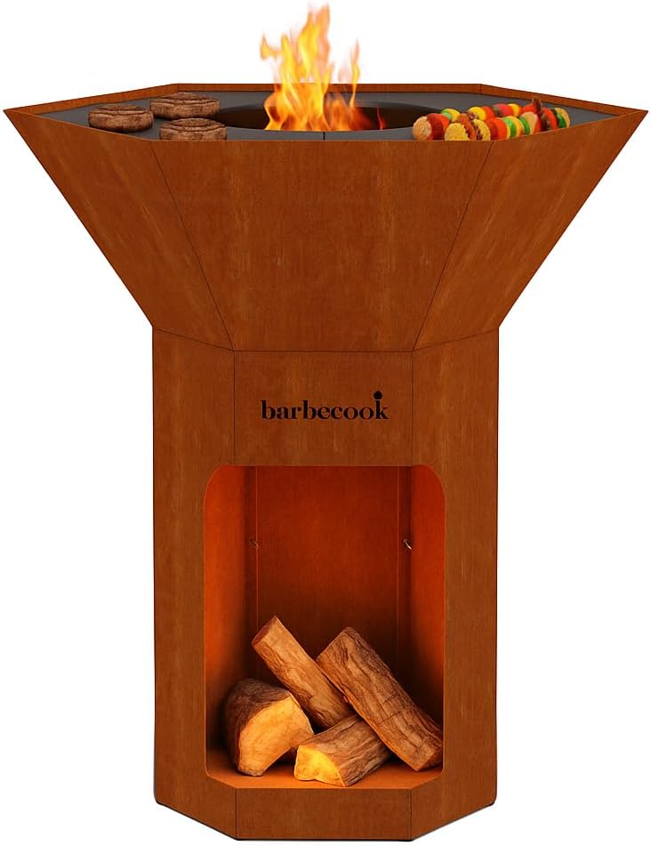 Barbecook Nestor Original Feuerschale mit Feuerplatte - BBQ Grill und Plancha aus Cortenstahl - Outdoor Holzgrill 92 x 92 x 101 cm
