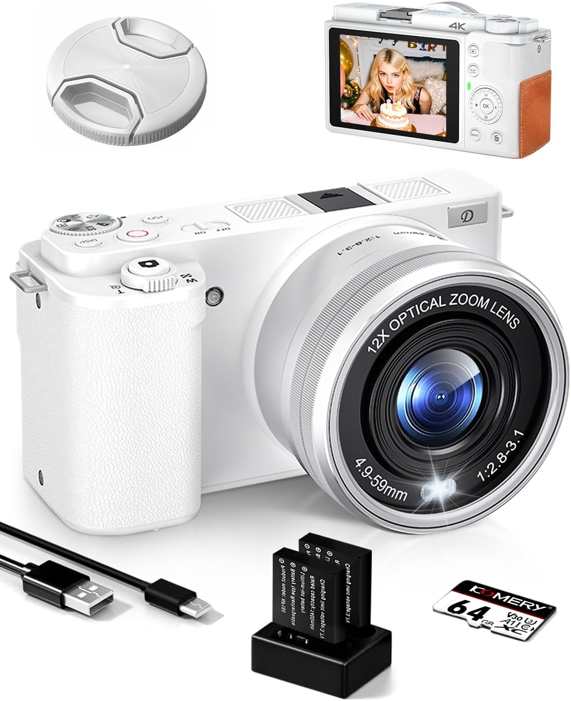 Ade Digitalkamera 64 MP - 12 fach optischer Zoom CMOS Sensor und 4K Video - 2,8 Zoll Display mit WLAN HDMI - 64 GB Karte 2 Akkus Weiß