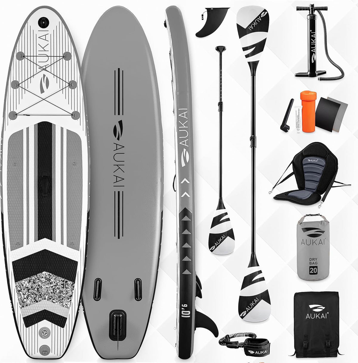 AUKAI SUP Board PRO 320 x 80 cm - 2 in 1 aufblasbares Stand Up Paddle und Kajak - Drop Stitch Board mit Kajaksitz - Pumpe und Action Cam Halterung