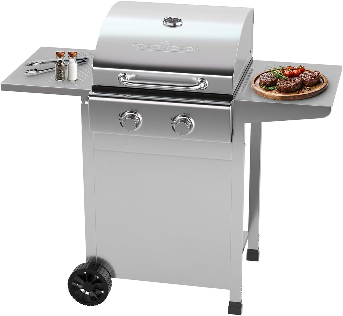 Gasgrill mit 2 Brennern 110,5 x 57,5 x 107,5 cm - Gusseisen Grillroste bis 350 Grad Celsius - Gasdruckminderer und Schlauch - zwei Ablagen Silber