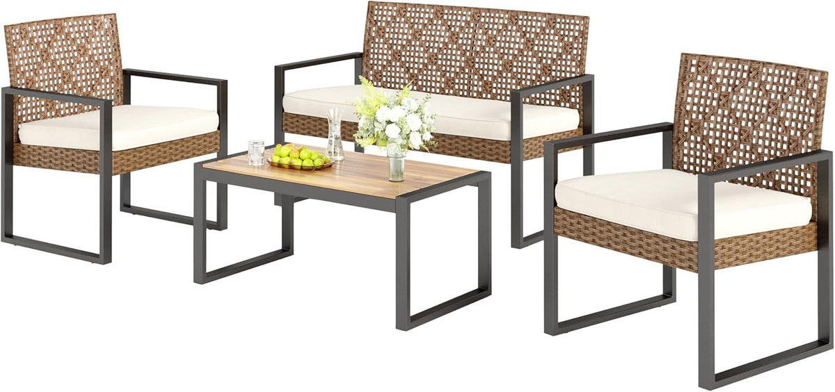 PHI VILLA Rattan Gartenmöbel Set - Outdoor Lounge für 4 Personen mit 2 Sitzer Sofa - 2 Sessel und Tisch - Wetterfest Beige Braun