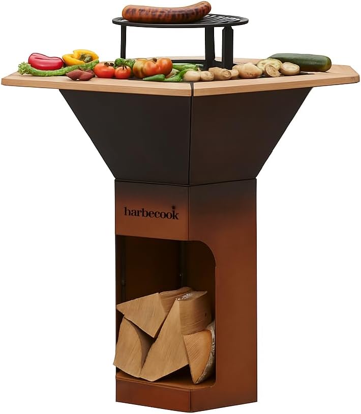 Holzkohlegrill mit Feuerplatte 92 x 92 x 101 cm - Cortenstahl Feuerschale - erhöhter Grillrost und Beistelltische - Plancha für Garten und Terrasse