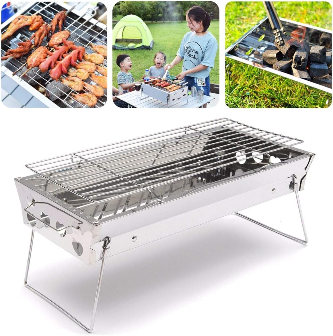 Edelstahl Klappgrill Smoker - Tragbarer Holzkohlegrill für Camping - Grillset mit Zubehör und zwei Griffen