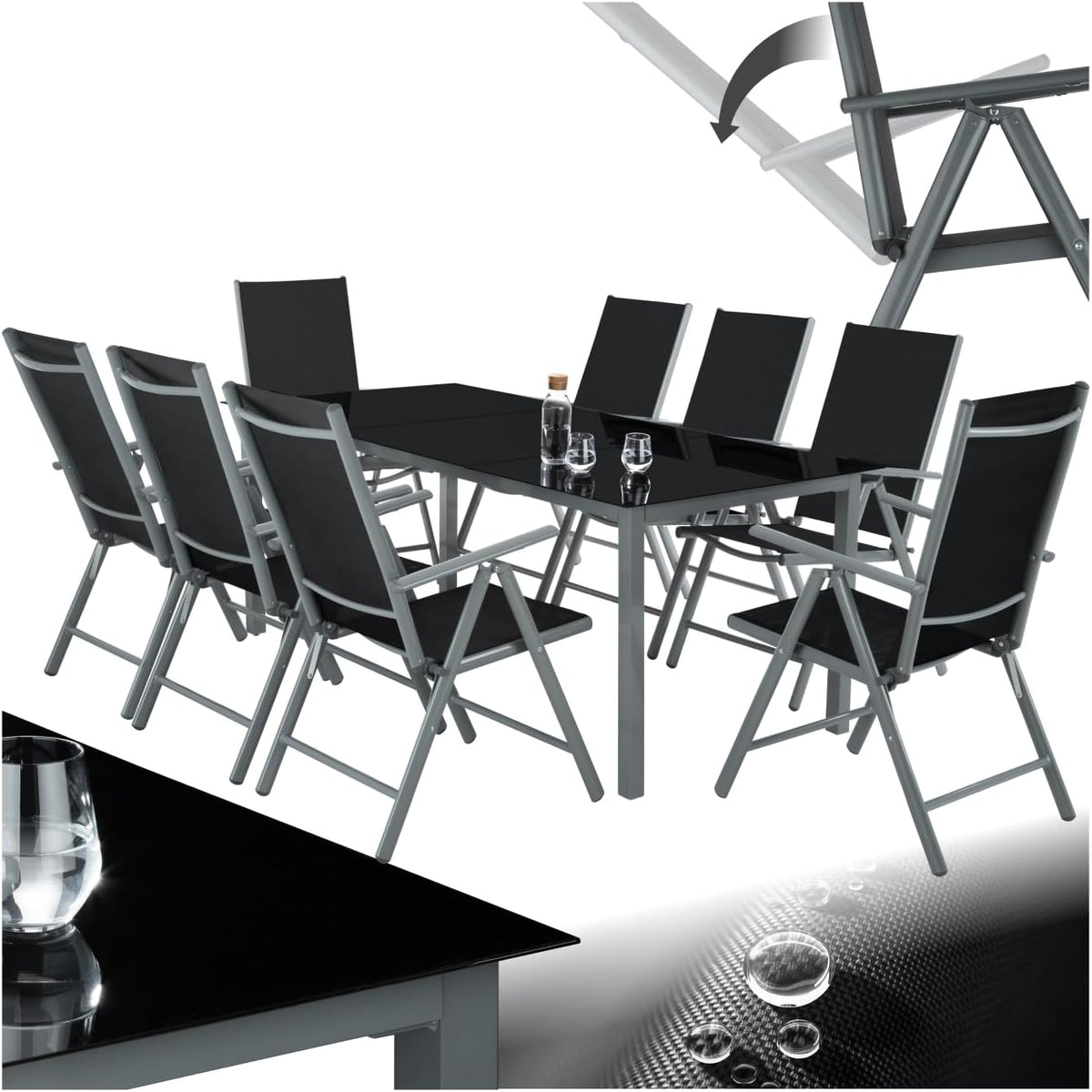 tectake Aluminium Gartenmöbel Set 81 - Klappbare Gartenstühle mit Gartentisch und Sicherheitsglas - Wetterfeste Sitzgruppe für Terrasse und Balkon - Anthrazit