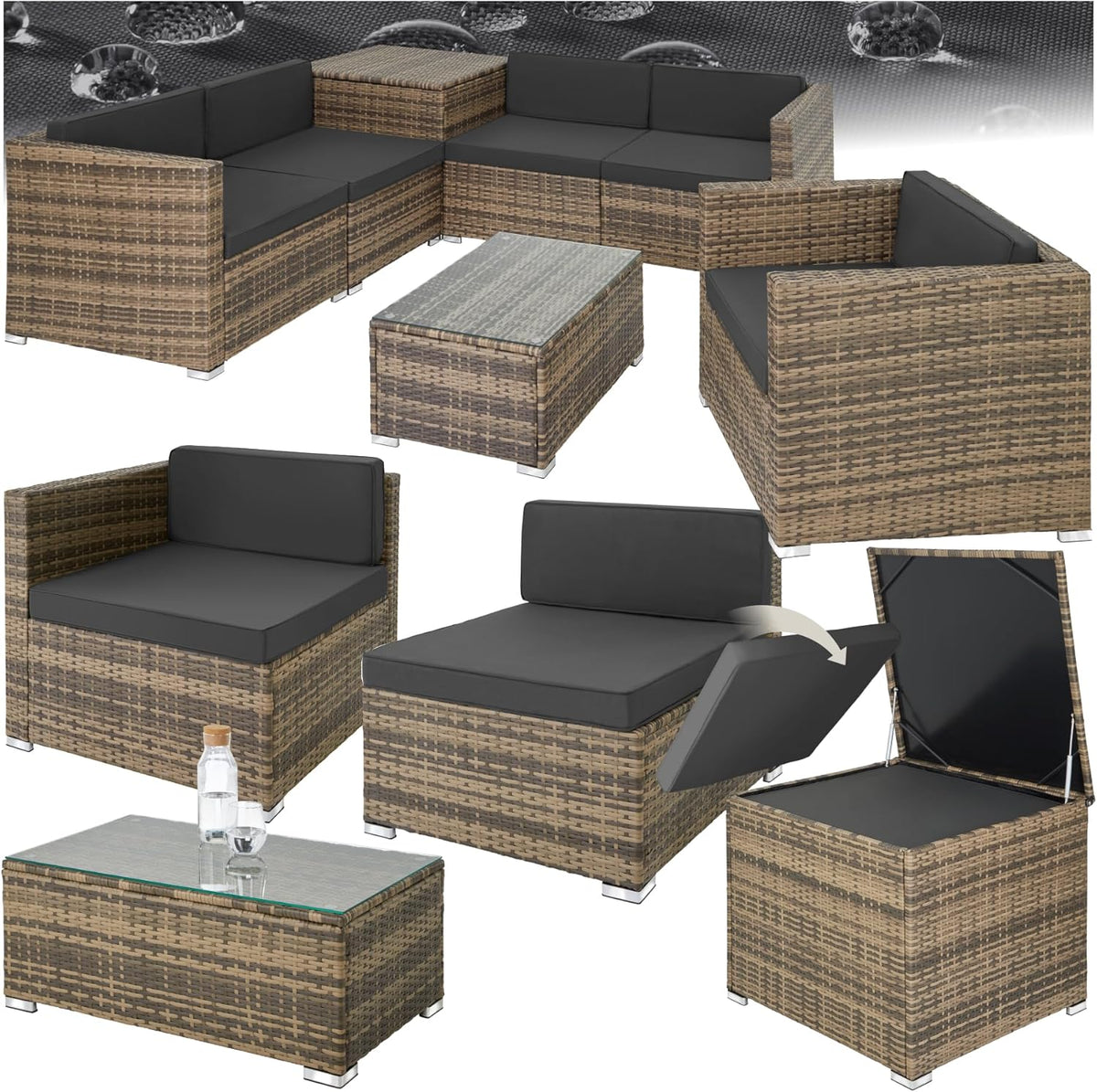 tectake Polyrattan Gartenmöbel Set - Frei gruppierbare Rattan Lounge mit Aufbewahrungsbox - Tisch mit Glasplatte - Balkon und Gartenmöbel Natur