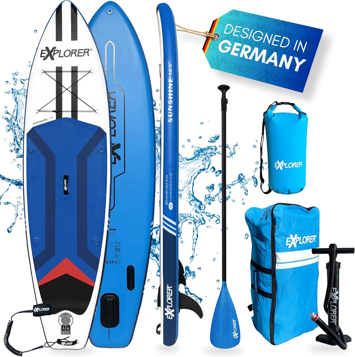 EXPLORER SUP Fusion Stand Up Paddle Board 305 x 81 cm - Bis 180 kg belastbar - Komplettset mit Alu Paddel Pumpe Finne und Flickenset - PVC Board mit Rucksack Sunshine 10.0