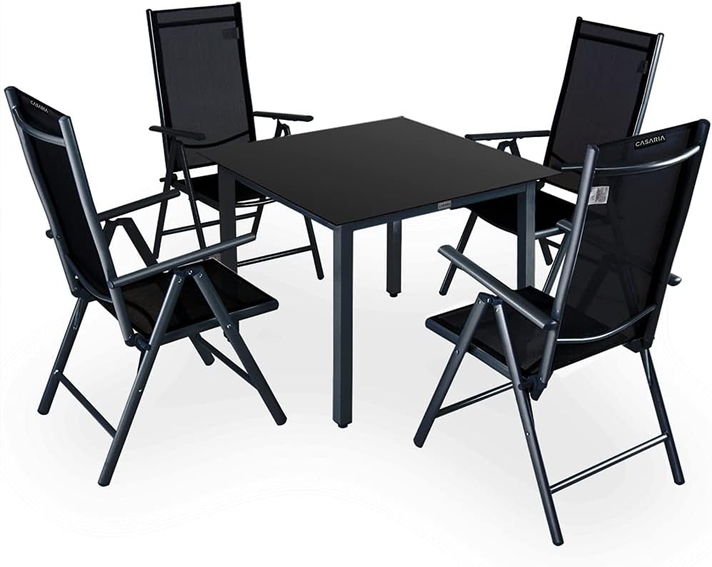 Casaria Gartenmöbel Set 5 teilig Aluminium - 4 klappbare Stühle und Tisch 90 x 90 cm - Sicherheitsglas wetterfest - Schwarz Anthrazit