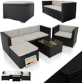 Juskys Polyrattan Lounge Punta Cana L - Für 4 bis 5 Personen - 3er Sofa Sessel Hocker Tisch und Kissen - Schwarz Beige wetterfest für Garten Terrasse