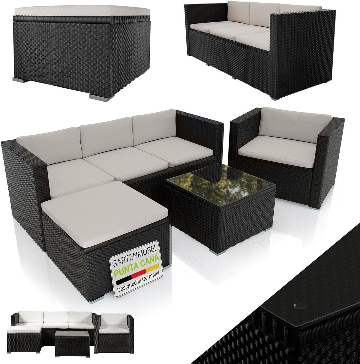 Juskys Polyrattan Lounge Punta Cana L - Für 4 bis 5 Personen - 3er Sofa Sessel Hocker Tisch und Kissen - Schwarz Beige wetterfest für Garten Terrasse