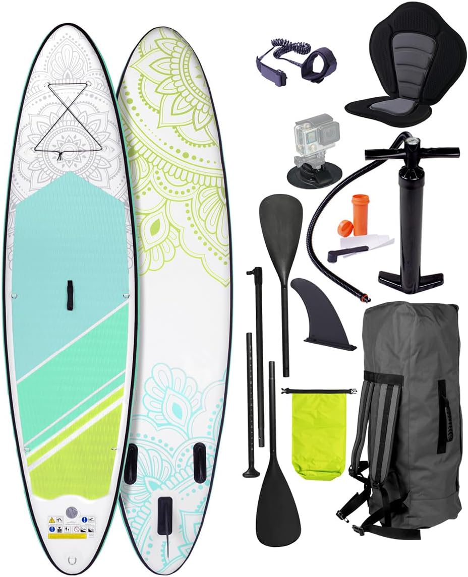 Stand Up Paddle Board 300 cm - aufblasbares SUP mit EVA Oberfläche in Flower Lime - 2 in 1 Paddel und Kajaksitz - Set mit Pumpe Rucksack und Fußschlaufe