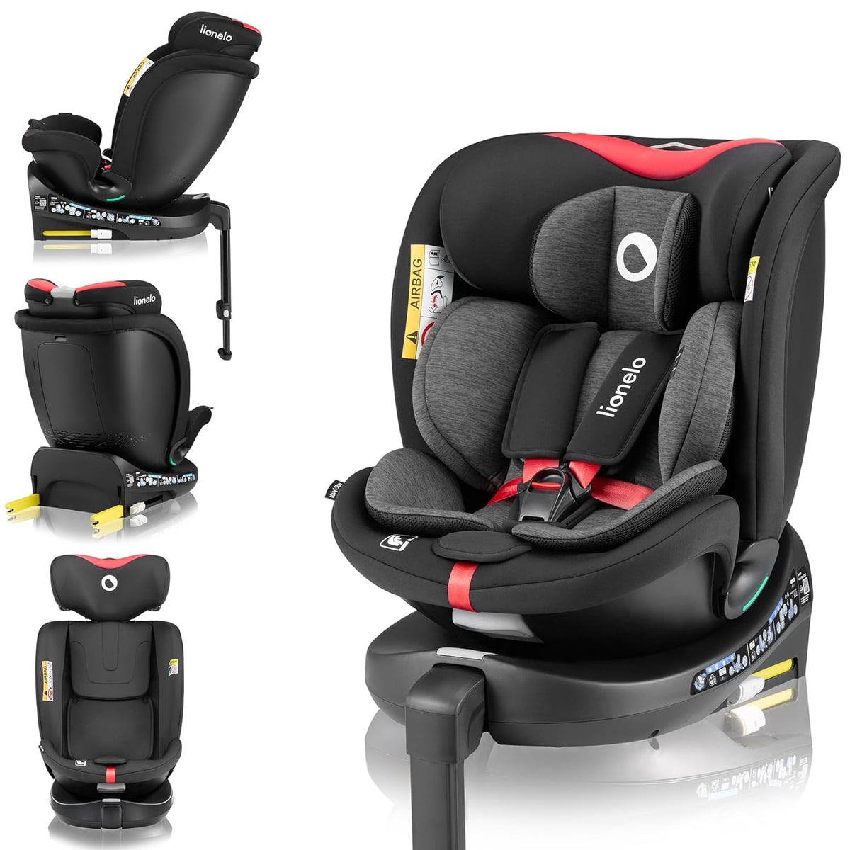 Lionelo Navy i Size Kindersitz 40 bis 150 cm - 360 Grad drehbar für rückwärts und vorwärts - ISOFIX mit Stützfuß - Verstellbare Kopfstütze und Rückenlehne Schwarz Rot