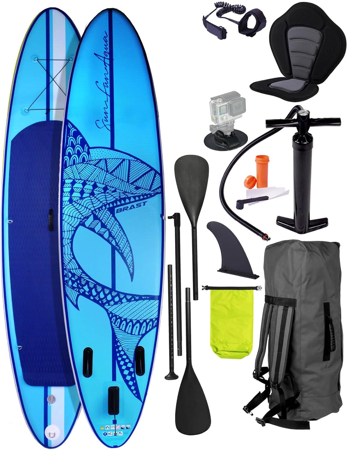 BRAST Shark SUP Board 320 x 81 x 15 cm - Aufblasbares Stand Up Paddle Set aus Polyester - 2 in 1 Paddel und Kajaksitz - Pumpe Rucksack Action Cam Halterung Blau