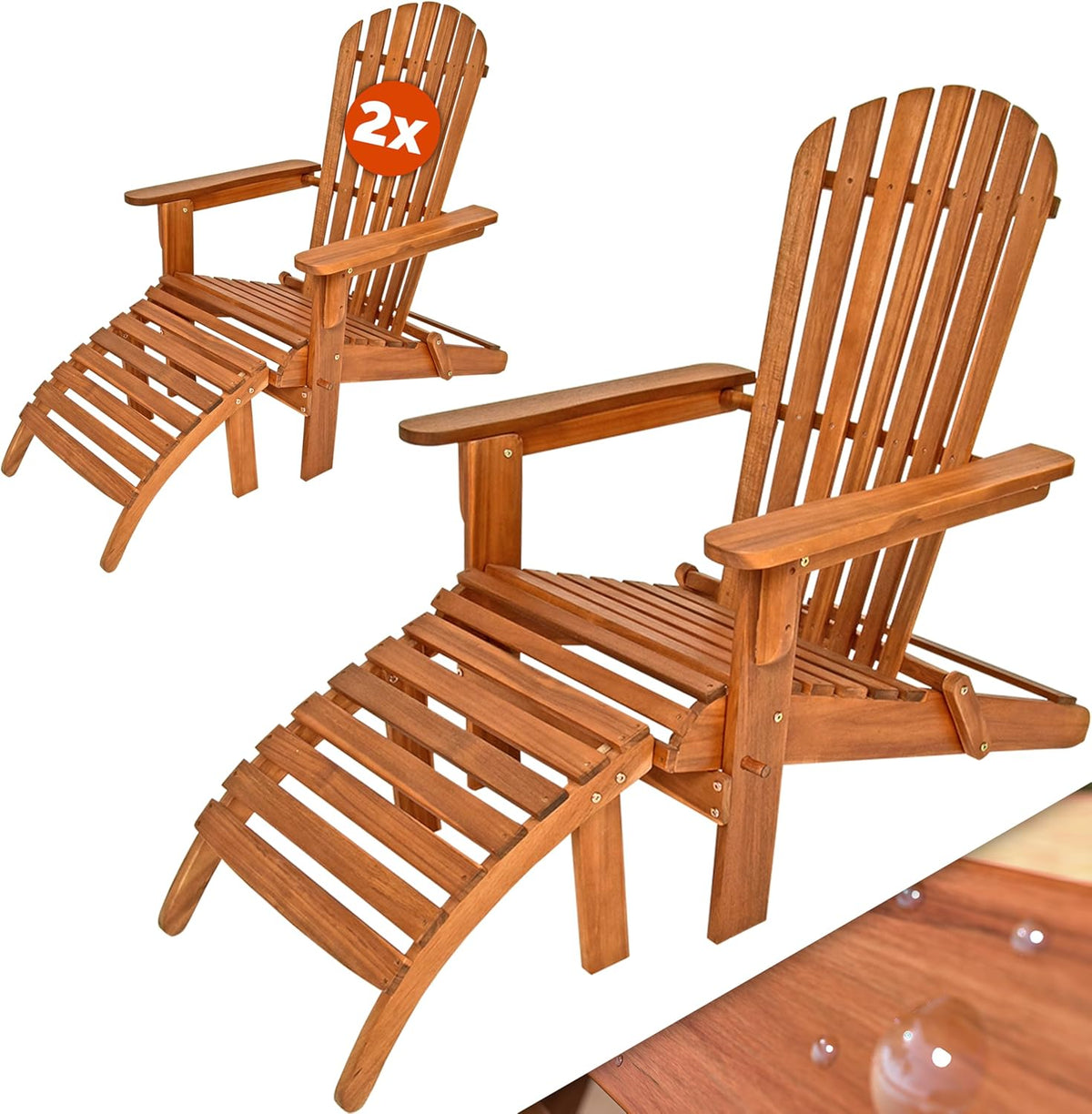 Casaria Sonnenliegen Set - 2 klappbare Liegen aus Akazienholz - 131 x 69 x 94 cm bis 160 kg belastbar - Braun mit Fußstütze und Armlehnen