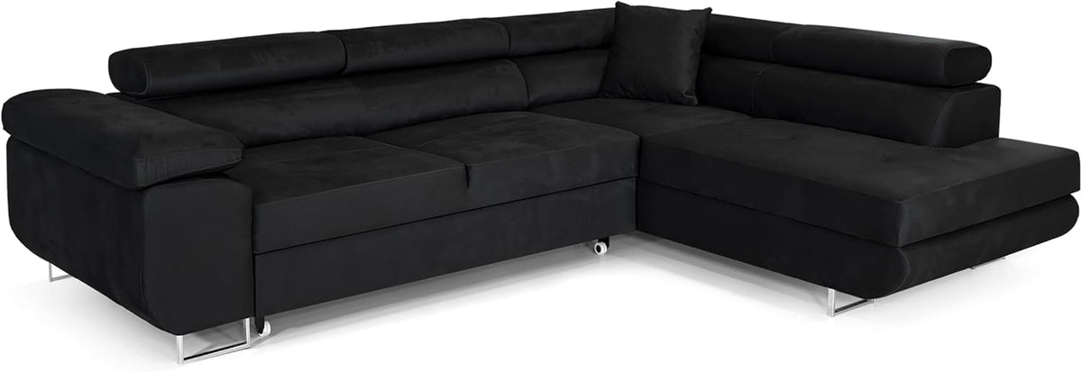 PASTI Ecksofa mit Schlaffunktion - 275 x 202 x 71 cm für 3 Personen - Schwarz mit Bettkasten und rechter Ottomane - Moderne L Form Couch