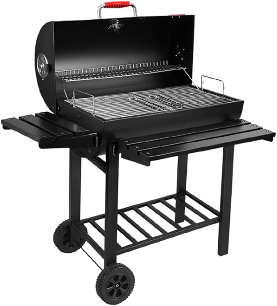 Holzkohlegrill 115 x 45 x 126 cm - 24 Zoll Grill mit Abdeckung für 8 bis 10 Personen - verstellbare Kohlewanne und Temperaturanzeige - Schwarz für Garten Camping Terrasse