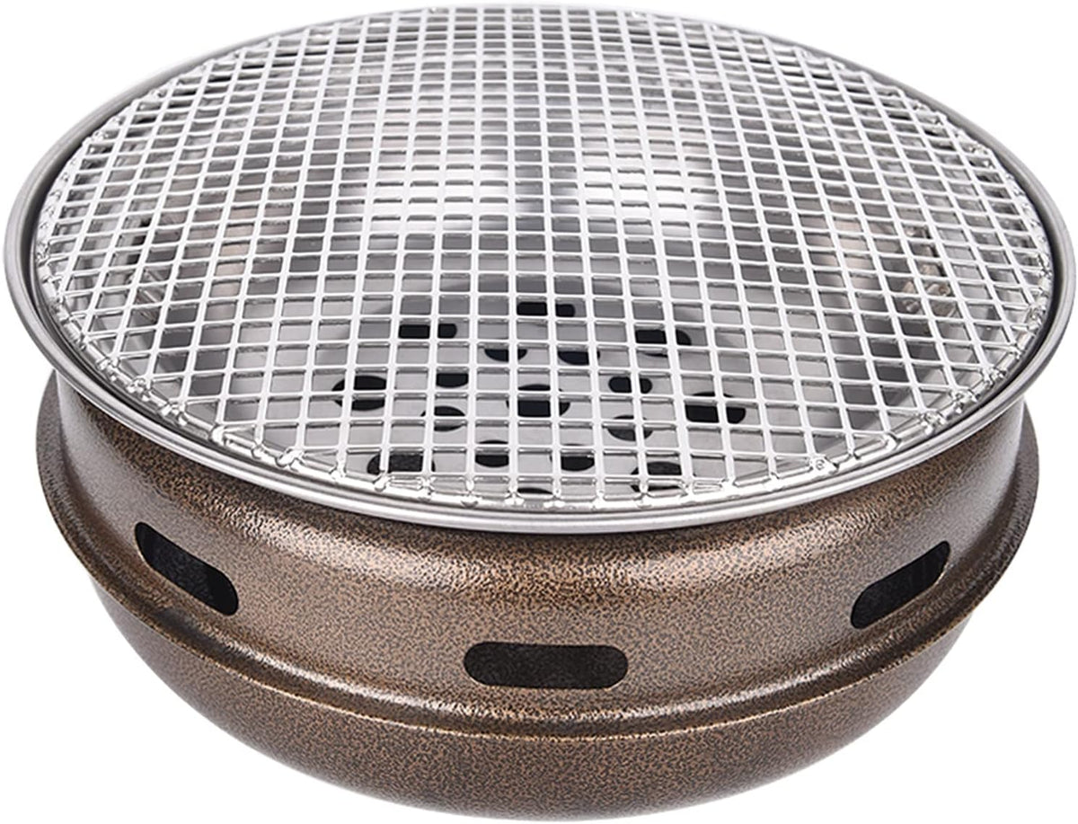 Runder Holzkohle Tischgrill 11 x 11 x 4,9 Zoll - Metalleisen mit Edelstahl Grillrost - kompakter Camping Grillofen - für Fleisch Spieße Burger und Gemüse