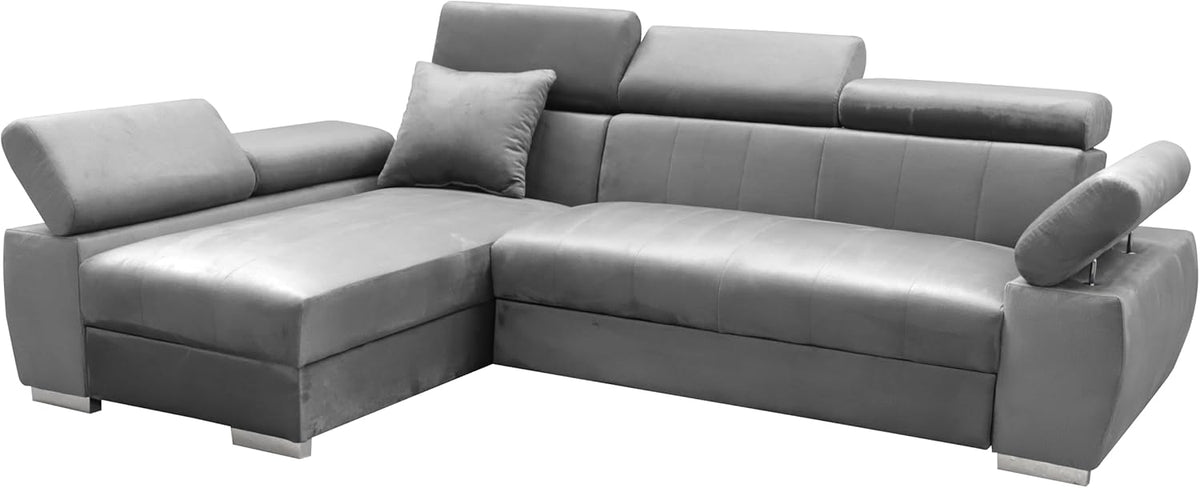 OTTO Ecksofa 3 Sitzer mit Schlaffunktion - Federkern und verstellbare Kopfstützen - Bettkasten mit Klappmechanismus - Longchair links Grau